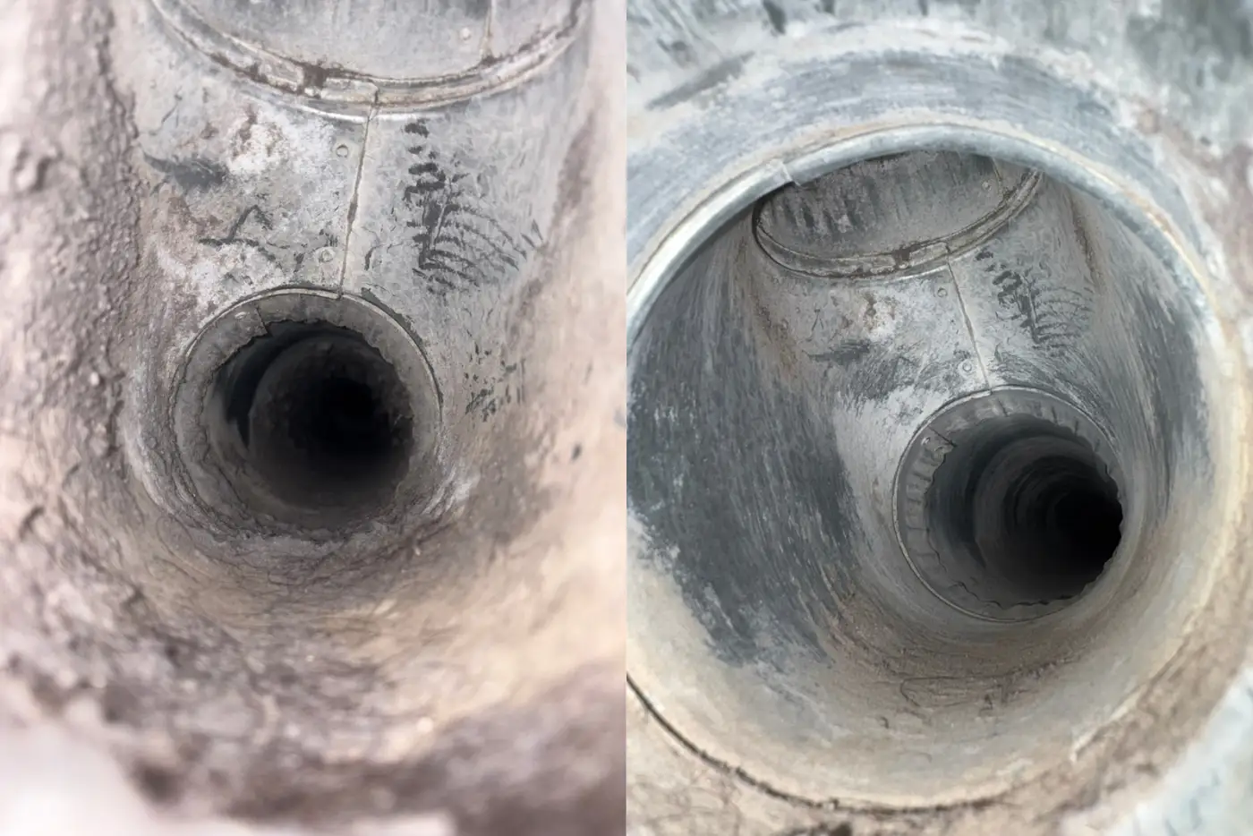 Before and after close-ups of lint residue lining a rigid dryer vent pipe