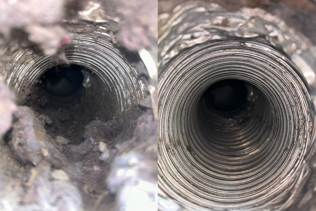 Side-by-side dryer vent interiors showing lint buildup and a cleared passage